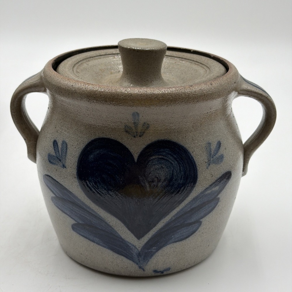 Vintage 1985 Handmade Rowe Double Handled Bean Pot W/Heart Motif Cobalt Blue